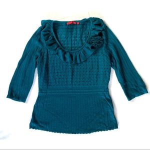 Teal Blue Ruffle Romantic Feminine Flower 3/4 Sleeve Open Weave Sweater